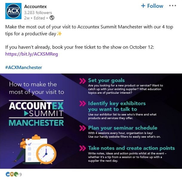 Example of a pre-event social media post ny Accountex which gives 4 tips on how to prepare for the event