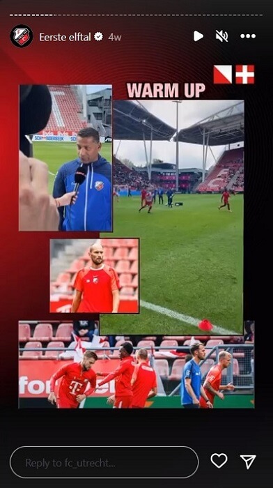 Instagram Story by FC Utrecht featuring a mix of videos and photos of a warm up before a match, within a red and black branded frame, a good example of a branded event social media post