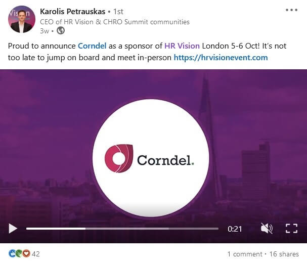 Sponsor annoucement video shared on LinkedIn by the HR Vision CEO