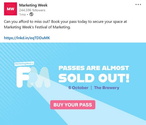 Marketing Week LinkedIn post announcing that event tickets are almost sold out