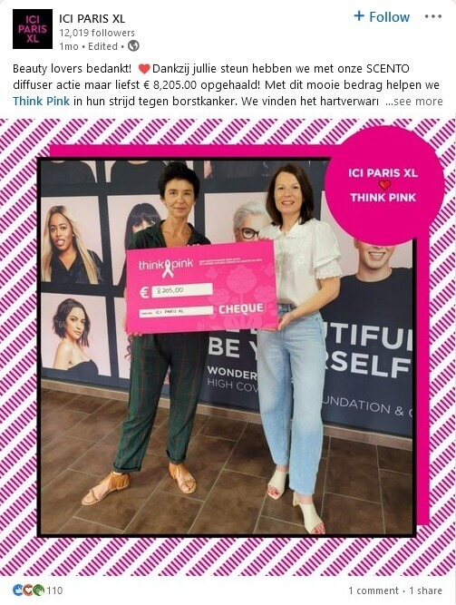 LinkedIn post from ICI PARIS XL with an image of two women in a pink branded frame