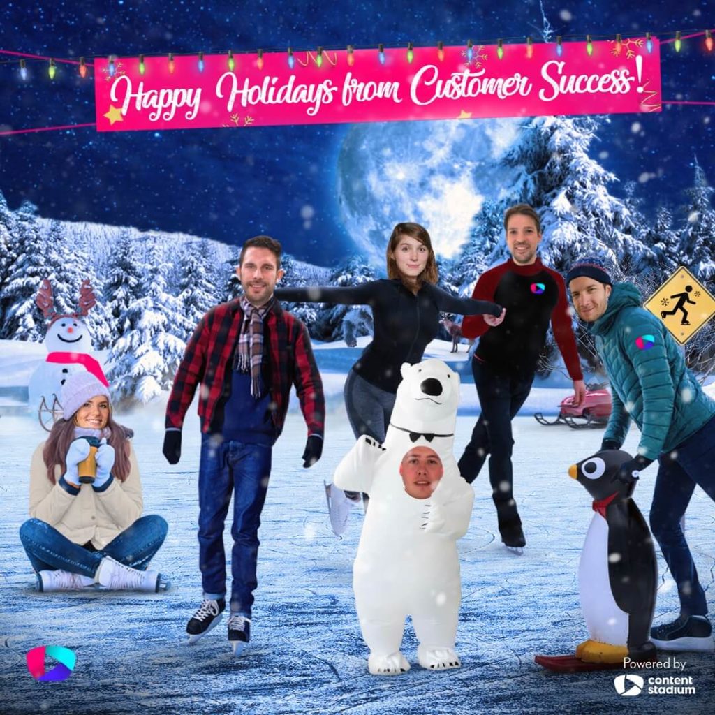 Ice skating figures with photos of the faces of the Content Stadium Customer Success team