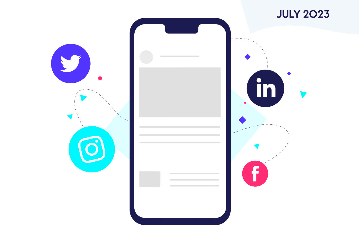 Phone and icons representing social media trends, news and tips for July 2023