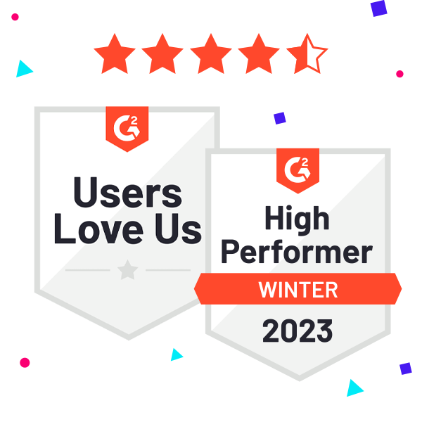 G2 Winter 2023 High Performer and Users Love Us badges, plus 4.7/5 user rating for content creation software
