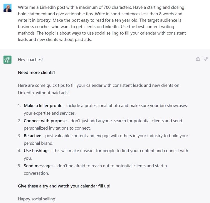 Example of a ChatGPT prompt and answer, how to ask ChatGPT for a LinkedIn post caption.