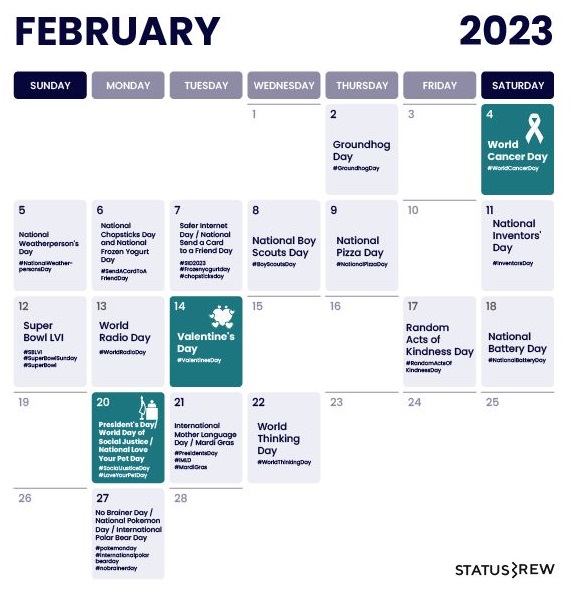 February social media content calendar including holidays such as Groundhog day, National Pizza Day, and Valentine's Day.