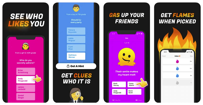 Four screenshots of the Gas social media app for teens showing how users can give and receive compliments by answering questions and selecting one answer from 4 options.