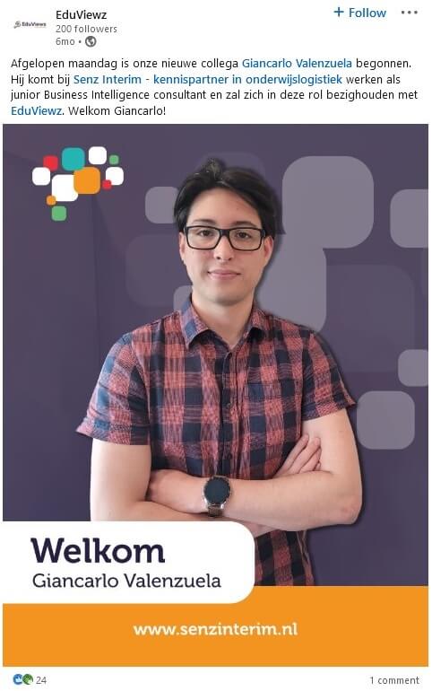 Nieuwe medewerker welkomstbericht op LinkedIn