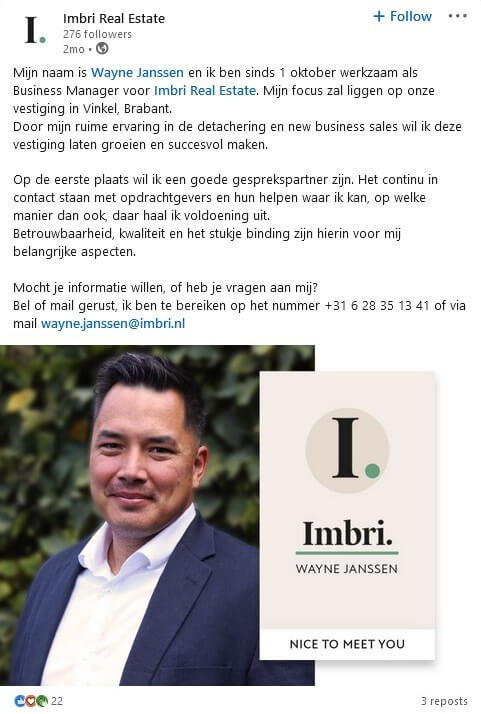 Welkom nieuwe collega social media post voorbeeld