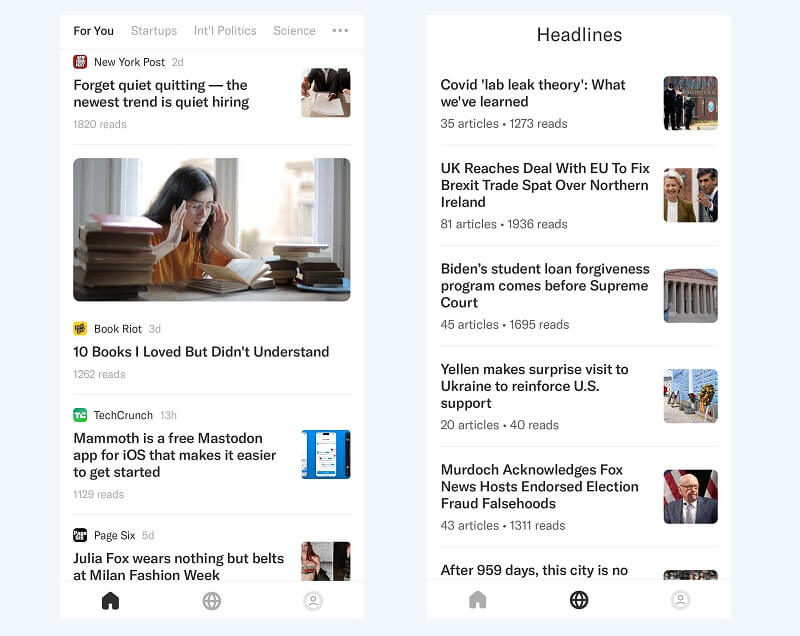 Screenshots of the new Artifact social media app, showing a personalized feed of articles.