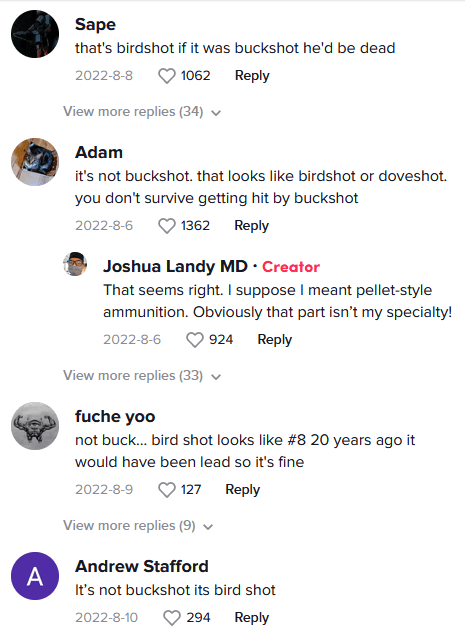 TikTok comments on @figure1cofounder's video saying that he made a mistake: it's not buckshot but birdshot