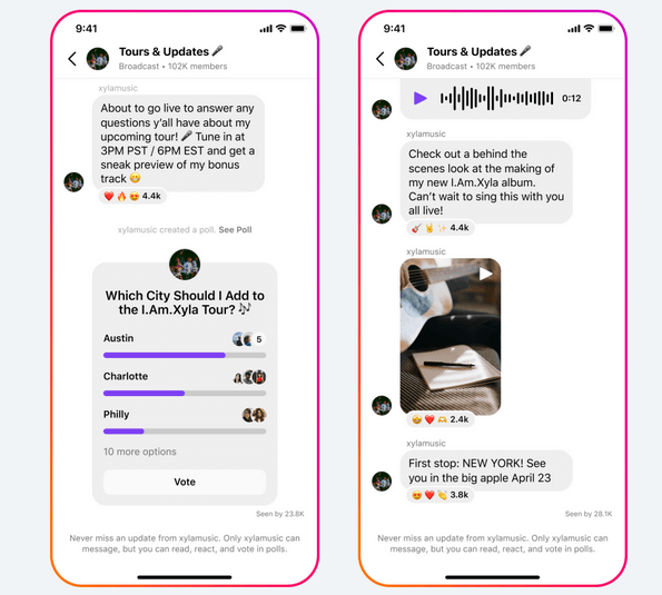 Screenshots of Broadcast Channels by Meta, showing an artist sending messages to their fans.