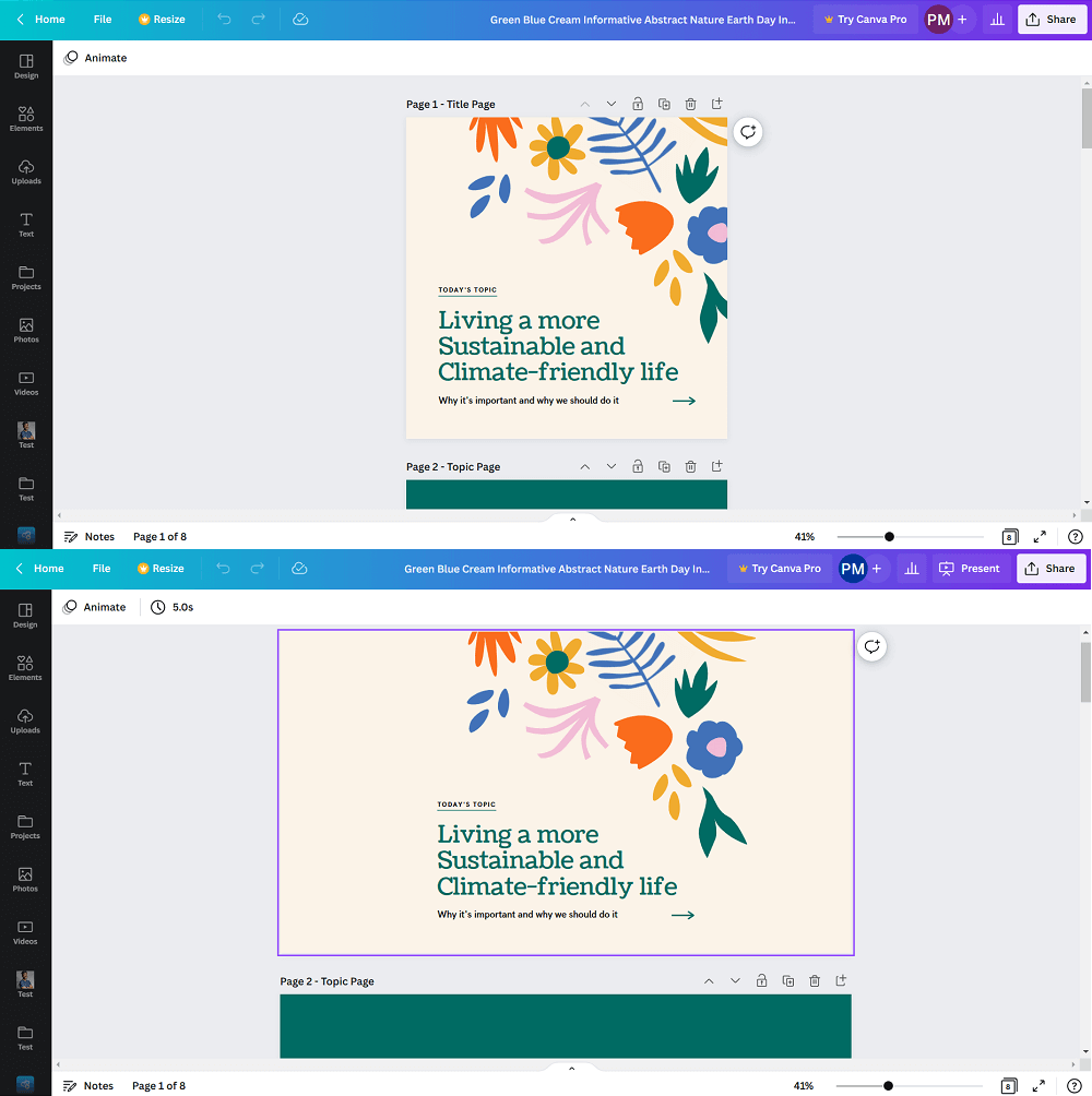 Two screenshots of the Canva platform showing one template resized into another different size.