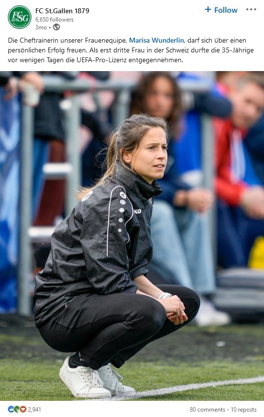 LinkedIn post by FC St.Gallen 1879 congratulating Marisa Wunderlin, head coach of the women's team, on receiving her UEFA Pro licence, which received close to 3,000 likes.