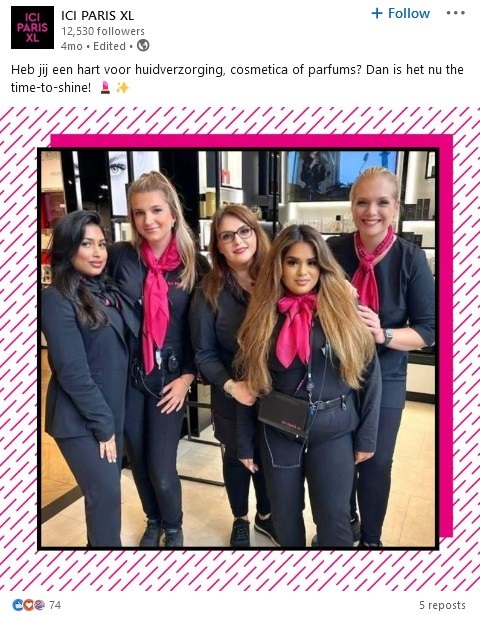 ICI PARIS XL LinkedIn post with a group photo of employees in uniform surrounded by a branded frame.