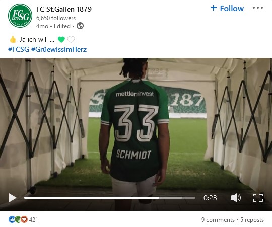 LinkedIn post by FC St.Gallen 1879 with a video of player Isaac Schmidt.