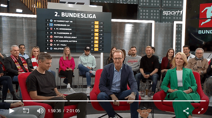 Still frame from Der STAHLWERK Doppelpass, SPORT1’s popular talk show, featuring the presenters in the foreground and a graphic created using Content Stadium on a screen in the background.