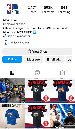 NBA Store's Instagram account