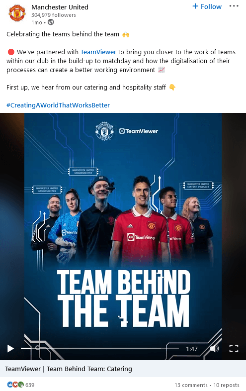 Manchester United LinkedIn post created with sponsor TeamViewer featuring a video of the "team behind the team"