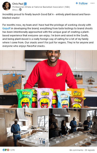 A social media post introducing a new snack product, which includes two behind-the-scenes photos of the team taste tasting the snacks.