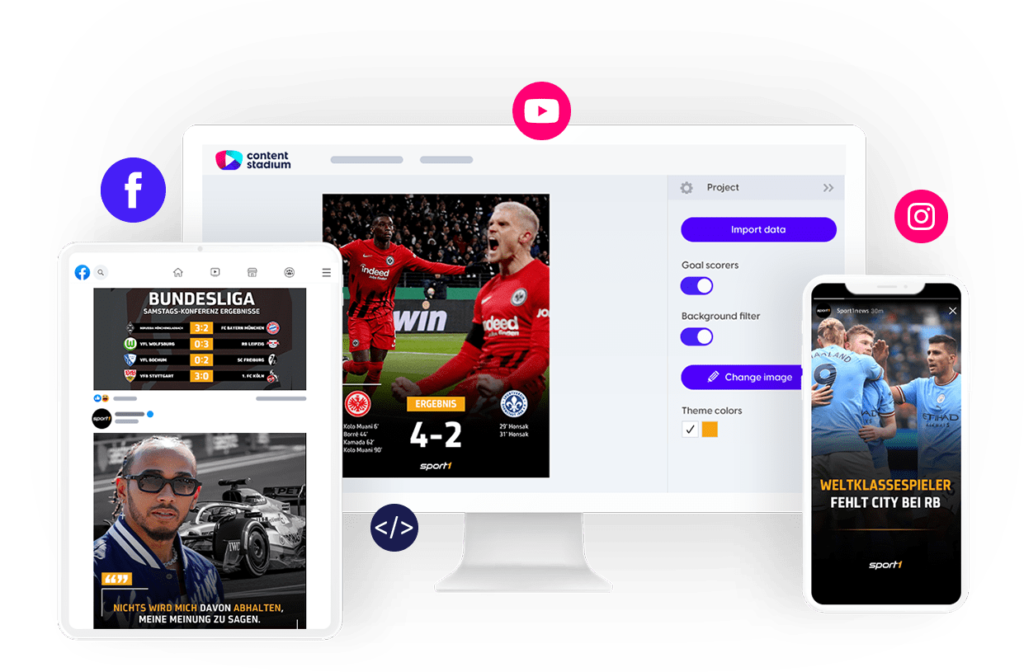 Sport1 social media image showing two football players and a 4-2 result in the Content Stadium content creation platform inside a desktop screen