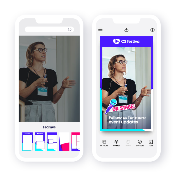 One mobile phone screen showing the Content Stadium LIVE content creation app with an open tray featuring different branded frames. Next to it is another mobile phone screen showing the finished story image, with branded frame, sticker and font.