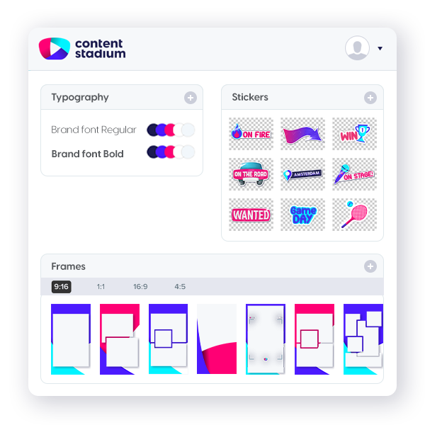 Content Stadium platform showing all the on-brand stickers, fonts and frames uploaded in the desktop environment, ready to be used in the Content Stadium LIVE app