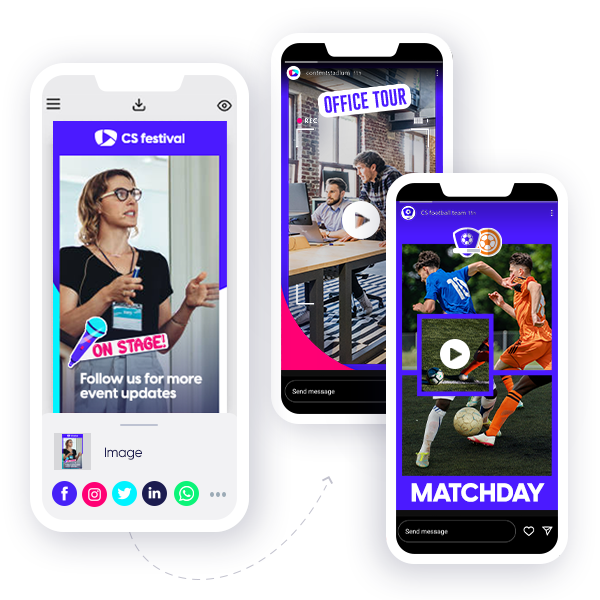 Finished image in the Content Stadium LIVE app, with a tray open showing the different channels (Facebook, Instagram, Twitter, LinkedIn, WhatsApp and more) where the image can be posted to directly, plus two more examples of still and video content created using Content Stadium LIVE.