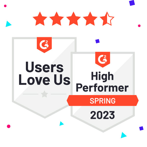 G2 Spring 2023 High Performer and Users Love Us badges, plus 4.7/5 star rating for content creation software