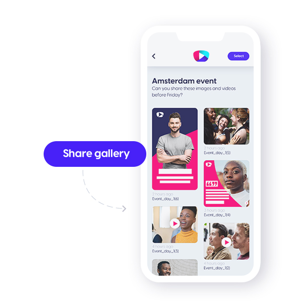 Content Stadium SHARE app open on a mobile phone showing different graphics, photos and videos shared from the gallery