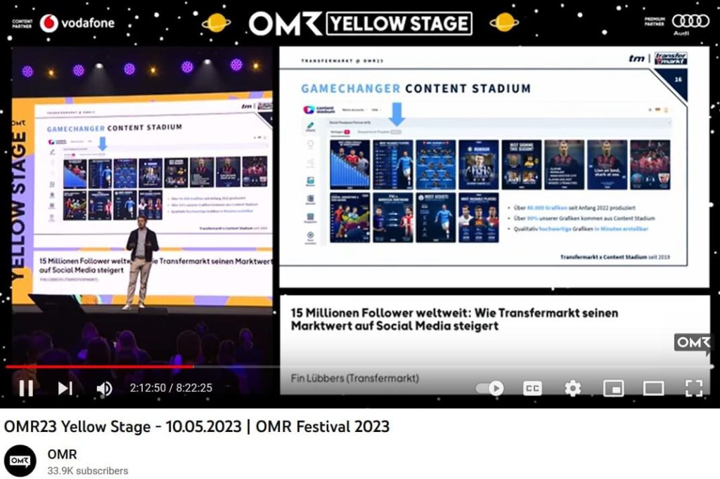 Screenshot of YouTube video showing the Transfermarkt team on stage at the OMR Festival 2023, with on the screen behind them a screenshot of their Content Stadium account with the text "Game Changer".