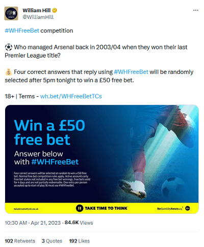 Free bet social media post competition by William Hill on Twitter