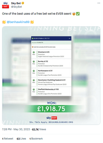 Multibet betting social media post example using a free bet by Sky Bet on Twitter