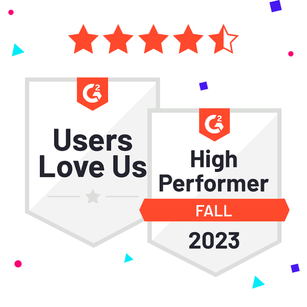 G2 Fall 2023 High Performer and Users Love Us badges, plus 4.7/5 user rating for content creation software