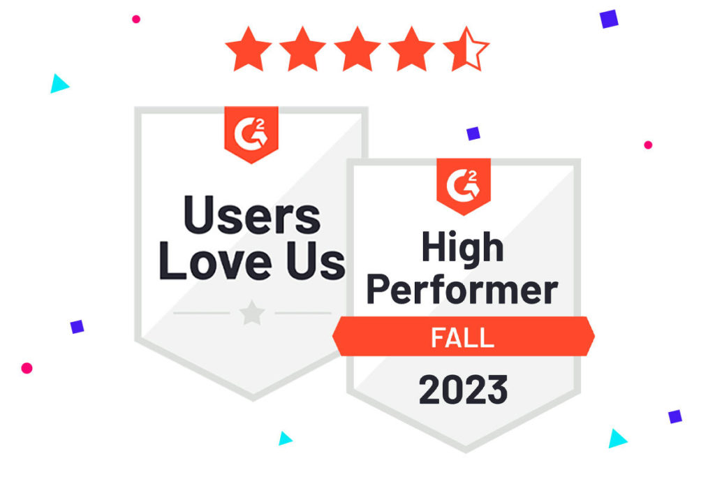 G2 Fall 2023 High Performer and Users Love Us badges, plus 4.7/5 user rating for content creation